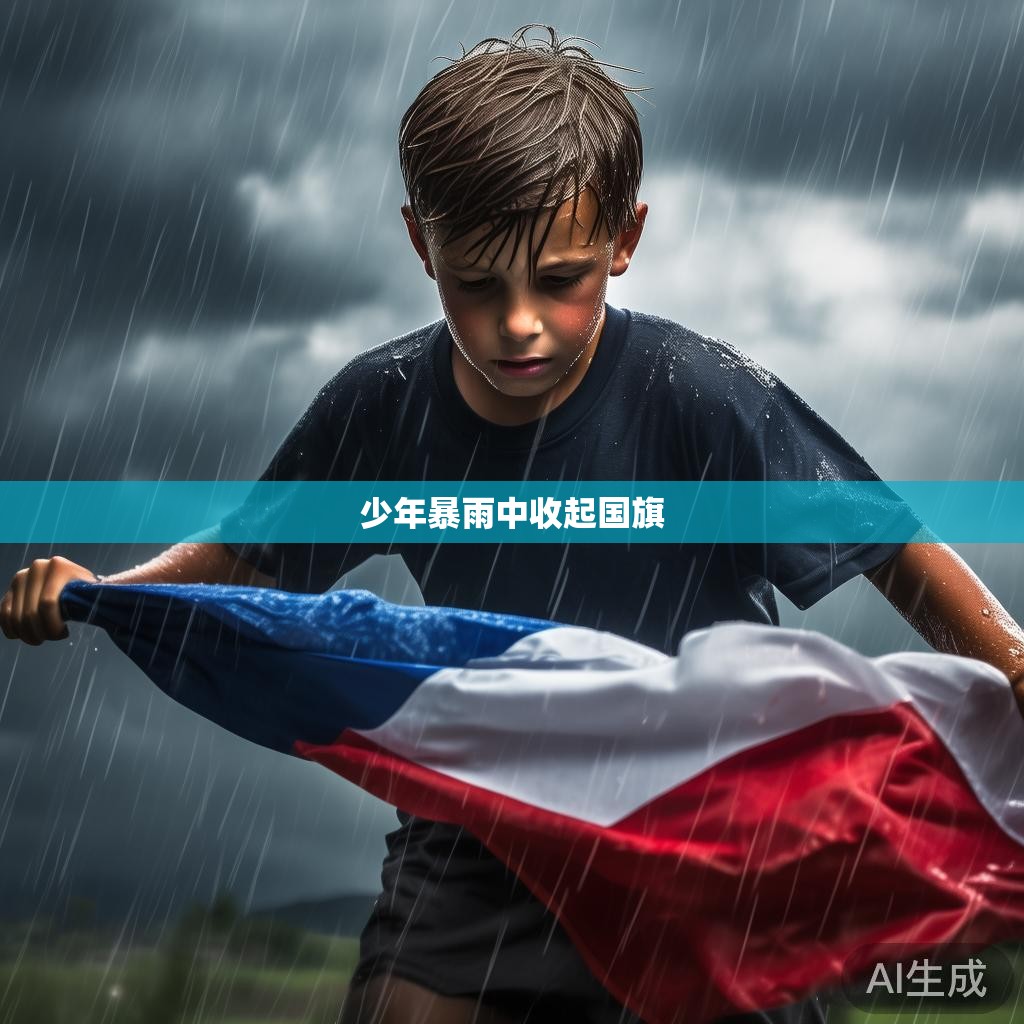 少年暴雨中收起国旗