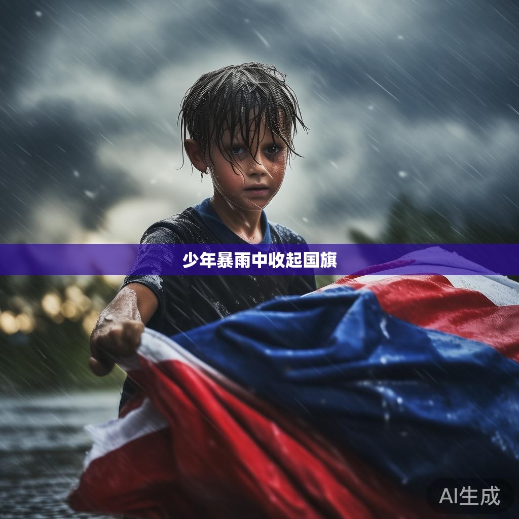 少年暴雨中收起国旗
